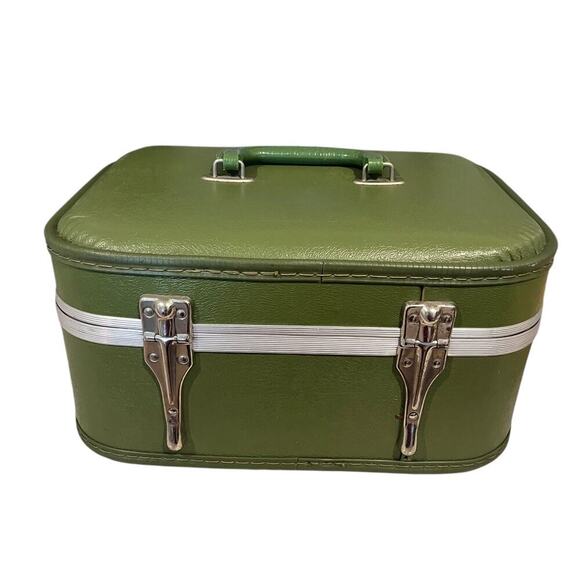 Vintage Original Train Case Suitcase Travel Olive Green Retro 60s Carry On Plane - Picture 5 of 11